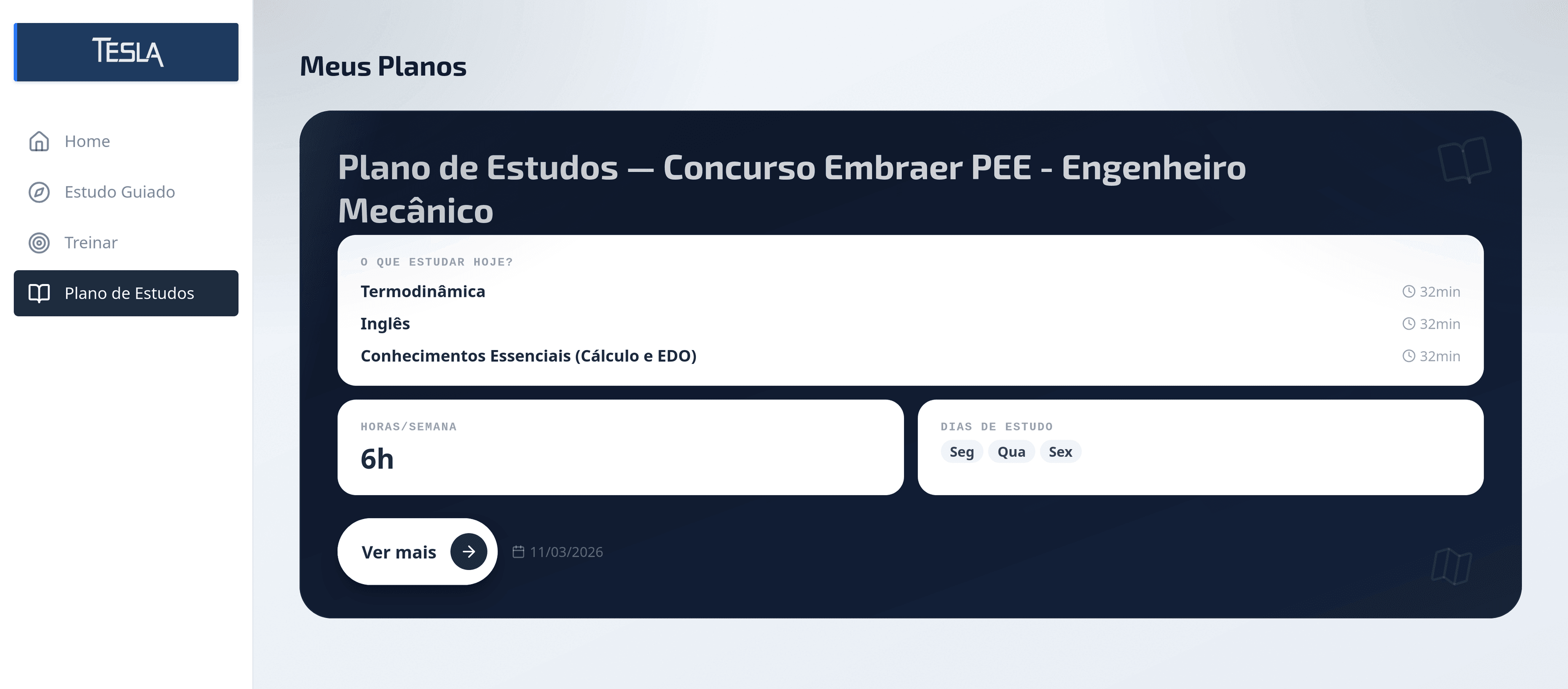 Meus Planos: o que estudar hoje, horas por semana e dias de estudo