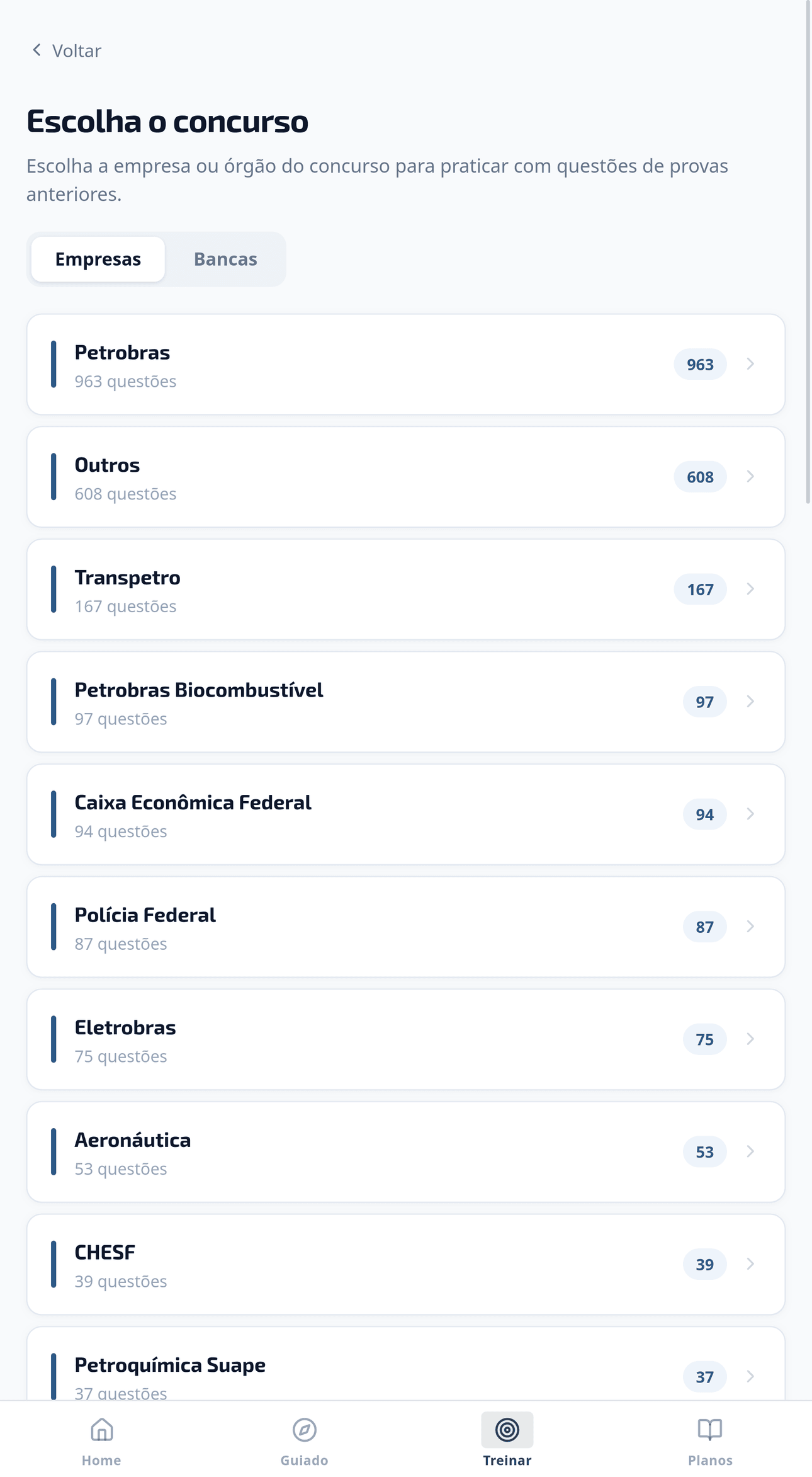 Treinar no celular: escolha do concurso por empresa ou banca