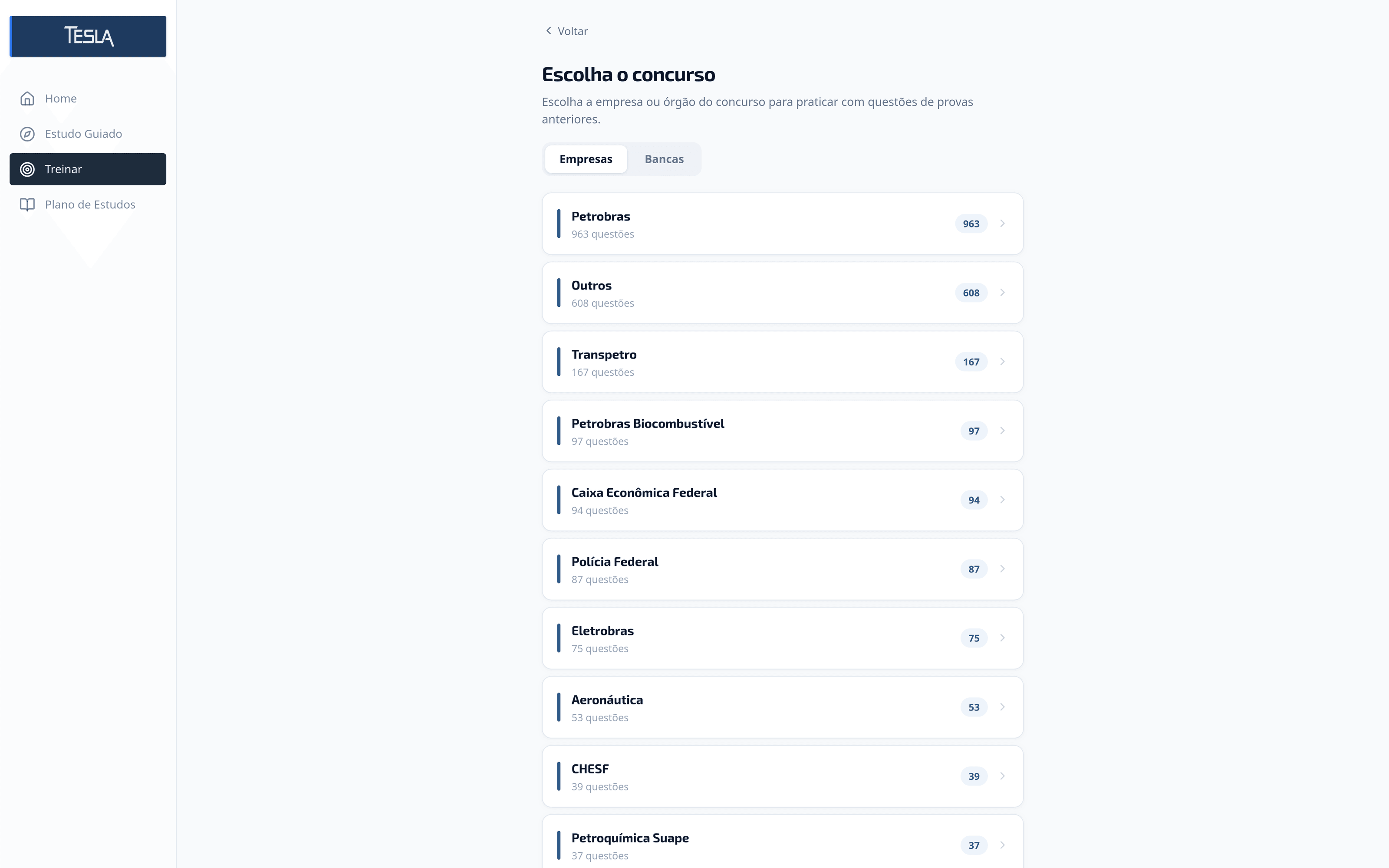 Treinar: escolha do concurso, com o número de questões de cada empresa