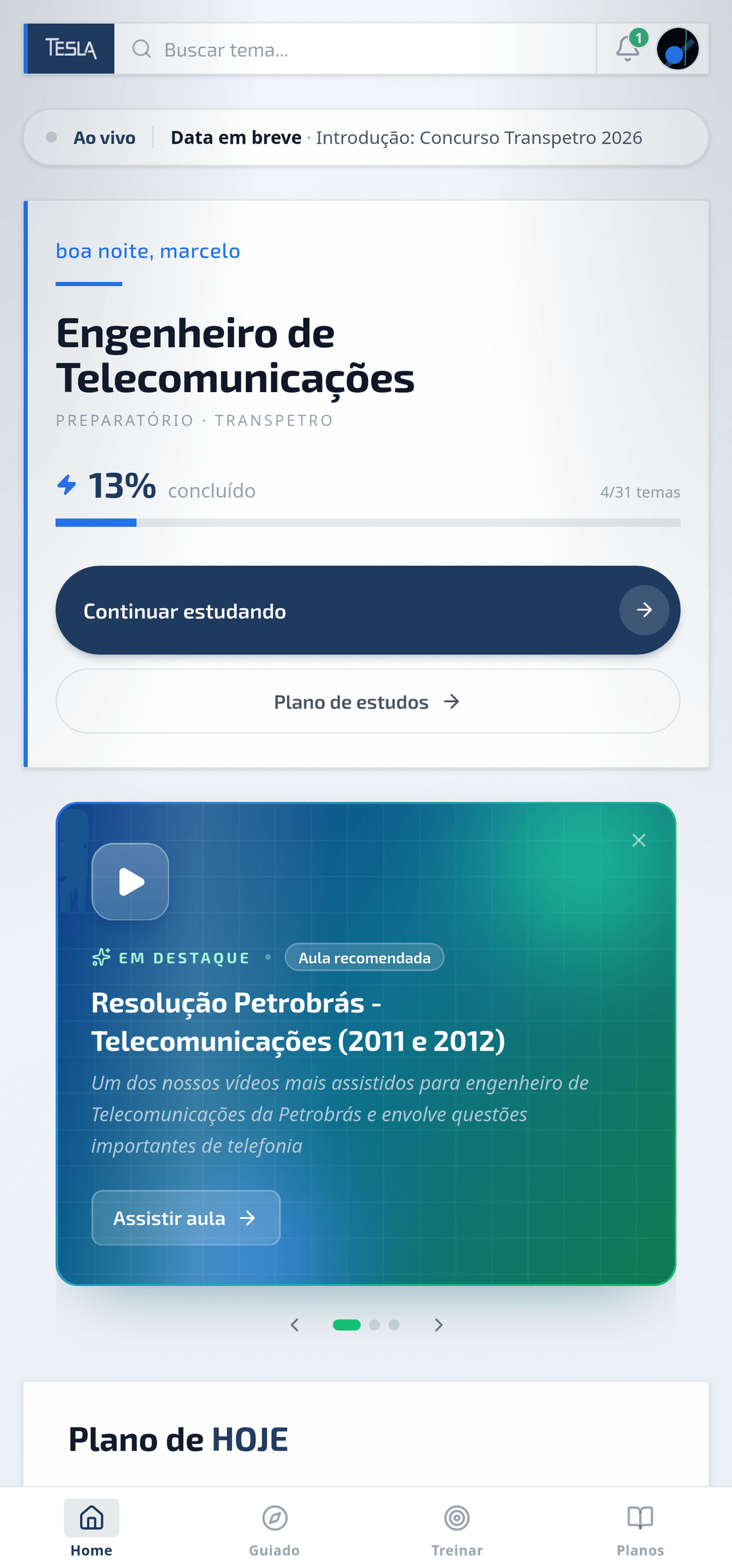 Tela inicial no celular: cargo, progresso do edital e aula recomendada